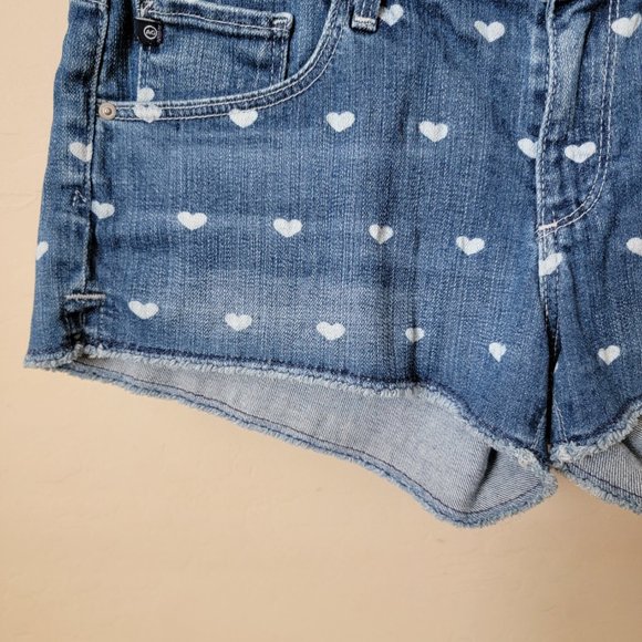AG Adriano Goldschmied The Daisy Low Rise Frayed Cut Off Heart Print Denim Short - Picture 5 of 16